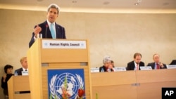 U.S. Secretary of State John Kerry delivers remarks to the United Nations Human Rights Council March 2, 2015, in Geneva.