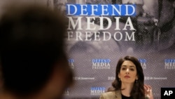 Attorney Amal Clooney participates in a panel discussion on media freedom at United Nations headquarters, Sept. 25, 2019. 