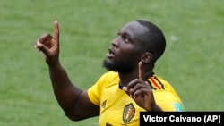 Romelu Lukaku après son but contre la Tunisie, lors de la Coupe du Monde de football à Moscou en Russie, le 23 juin 2018.