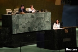 U.S. Ambassador to the United Nations Nikki Haley addresses a United Nations General Assembly meeting at U.N. headquarters in New York, June 13, 2018.