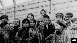 সোভিয়েত বাহিনী ১৯৪৫ সালের ২৭ জানুয়ারি আউশভিটজ মুক্ত করার পর নেয়া ছবিতে বেঁচে যাওয়া কয়েকজন শিশুকে বন্দীদের পোশাক পরে কাঁটাতারের বেড়ার ভেতরে দেখা যাচ্ছে। ফাইল ফটো।