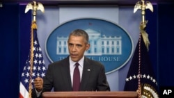 President Barack Obama speaks about the shooting at the community college in Oregon, in the Brady Press Briefing Room at the White House in Washington, Oct. 1, 2015.