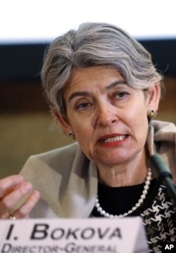 UNESCO chief Irina Bokova denounces Islamic State militants' purported attacks on Iraqi antiquities at a news conference in Paris, Feb. 27, 2015.