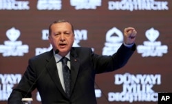 FILE - Turkey's President Recep Tayyip Erdogan talks during a rally in Istanbul, March 12, 2017.