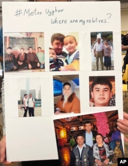 A poster showing missing relatives is displayed during a gathering to raise awareness about loved ones who have disappeared in China's far west in Washington D.C., Feb. 24, 2019.