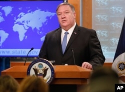 Secretary of State Mike Pompeo speaks during a news conference at the State Department in Washington, April 17, 2019.
