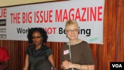 Local trainer Cheu Mita (left) and Mary Tuchscherer coaching women magazine vendors in Blantyre. (Photo Courtesy M. Tuchscherer)