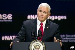 Vice President Mike Pence addresses the Atlantic Council's "NATO Engages The Alliance at 70" conference, in Washington, April 3, 2019.