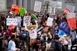 Protesters stand on the steps of Los Angeles City Hall, Feb. 20, 2017.