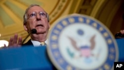 FILE - Senate Majority Leader Mitch McConnell of Kentucky speaks at a news conference on Capitol Hill in Washington, July 18, 2017. 