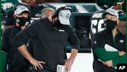 FILE - New York Jets head coach Adam Gase reacts during an NFL football game against the Denver Broncos, in East Rutherford, N.J., Oct. 1, 2020.