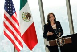 FILE - U.S. Vice President Kamala Harris delivers remarks during a press conference at the Sofitel Mexico City Reforma hotel in Mexico City, June 8, 2021.