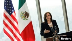 FILE - U.S. Vice President Kamala Harris delivers remarks during a press conference at the Sofitel Mexico City Reforma hotel in Mexico City, June 8, 2021. 