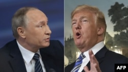 In this file combination of pictures created on March 26, 2018, shows Russian President Vladimir Putin, left, during his annual press conference in Moscow, Dec. 17, 2015, and U.S. President Donald Trump speaking about the spending bill during a press conference in the White House, March 23, 2018.