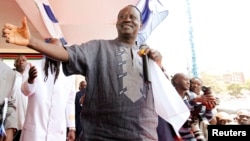 Kenya's Prime Minister and presidential candidate Raila Odinga addresses the crowd during peace prayers in Nairobi, Feb. 24, 2013. 