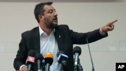 Italian Deputy Prime Minister and Interior Minister Matteo Salvini meets the journalists at the end of a security conference in Castel Volturno, southern Italy, Thursday, Aug. 15, 2019. 