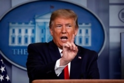 President Donald Trump speaks about the coronavirus in the James Brady Press Briefing Room at the White House, April 13, 2020, in Washington.