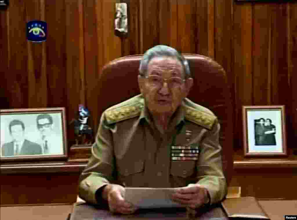 Cuban President Raoul Castro speaks to the nation via public television in Havana, Cuba, Dec. 17, 2014.