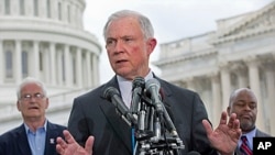 Sen. Jeff Sessions, speaks at a news conference hosted by the Tea Party Patriots to oppose the Senate immigration reform bill, June 20, 2013, on Capitol Hill in Washington.