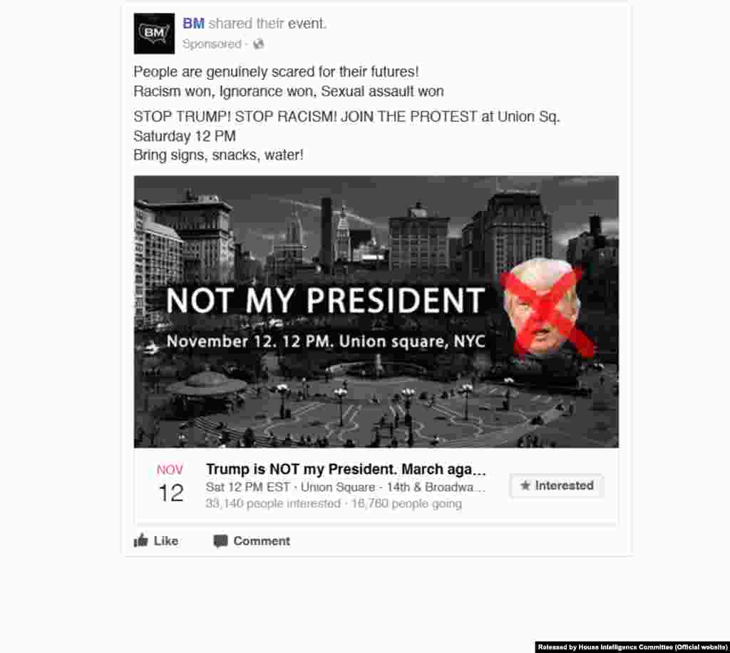 Facebook ad created on Nov. 9, 2016; Targeted age: 18-65+; Targeted location: New York