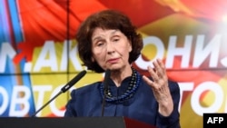 North Macedonian President-elect Gordana Siljanovska-Davkova of the right-wing VMRO-DPMNE party celebrates her election victory in Skopje on May 8, 2024.