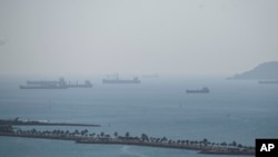 ARCHIVO - Buques de mercancías esperan en la Bahía de Panamá para atravesar el Canal de Panamá, en Ciudad de Panamá, el 17 de enero de 2024. 