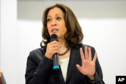 FILE - Sen. Kamala Harris, D-Calif., speaks during an event in St. George, South Carolina, March 9, 2019.