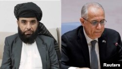 غلام محمد اسحاقزی (راست) نمایندۀ حکومت پیشین افغانستان در ملل متحد و سهیل شاهین که از سوی طالبان به صفت نمایندۀ افغانستان در ملل متحد معرفی شده اند
