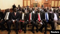 Members of South Sudan rebel delegation attend the opening ceremony of South Sudan's negotiation in Ethiopia's capital Addis Ababa, Jan. 4, 2014. 