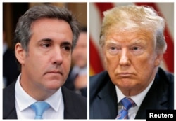 A combination photo shows President Donald Trump's onetime personal attorney, Michael Cohen and Trump from outside federal court in the Manhattan borough of New York City, April 16, 2018 and in the White House, July 18, 2018.