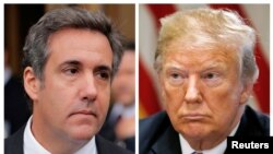 A combination photo shows President Donald Trump's onetime personal attorney, Michael Cohen and Trump from outside federal court in the Manhattan borough of New York City, April 16, 2018 and in the White House, July 18, 2018. 
