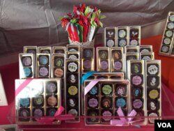 Chouquette's chocolate-covered caramels feature an assortment of witty sayings and designs, including a line called “Phenomenal Women,” inspired by powerful American women. (J.Taboh/VOA)