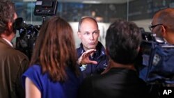 Bertrand Piccard, Initiator and Chairman of Solar Impulse, answers questions from journalists at the Mission Control Center for the Solar Impulse flight in Monaco, June 1, 2015. 
