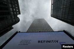 An advertisement for Refinitiv is seen on a screen in London's Canary Wharf financial centre, London, Britain, Oct. 2, 2018.