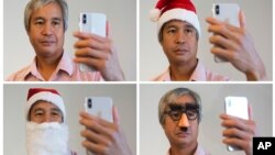 In this combo of Monday Oct. 30, 2017, photos, Associated Press reporter Nick Jesdanun demonstrates Face ID, Apple's name for its facial-recognition technology, on an iPhone X in New York. (AP Photo/Mark Lennihan)