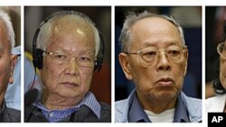 This combo shows file photos of the four top surviving leaders of the Khmer Rouge regime from left to right: Nuon Chea, the group's ideologist; former head of state and public face of the regime, Khieu Samphan, former Foreign Minister Ieng Sary; and his w