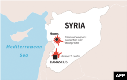 This map shows the location of targets for the April 14, 2018 strikes by Britain, France and the U.S. against Syria chemical weapons facilities.