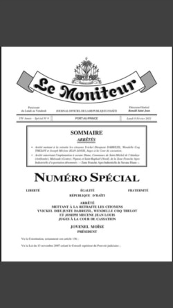 The presidential decree announced in Haiti's government newsletter announcing the retirement of three Supreme Court Justices, Feb. 8, 2021.