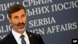 FILE - Slovakia's Foreign and European Minister Juraj Blanar speaks in Belgrade, Serbia, Oct. 18, 2024.