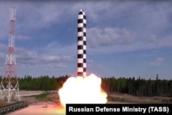 RUSSIA -- Russia's new Sarmat intercontinental ballistic missile blasts off during a test launch from an undisclosed location in Russia, July 19, 2018