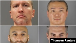 Exoficiales de policía de Minneapolis (en el sentido de las agujas del reloj desde la parte superior izquierda) Derek Chauvin, Tou Thao, Thomas Lane y J. Alexander Kueng posan en una combinación de fotografías policiales.