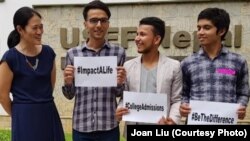 From left, Joan Liu with students Roshan Poudel, Nilson Chapagain and Abhishek Kafle.