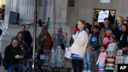 Swedish climate activist Greta Thunberg speaks to several thousand people at a climate strike rally at Denver's Civic Center Park, Oct. 11, 2019.
