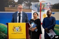Charles Gladstone, a descendant of former plantation owner John Gladstone, delivers an apology on behalf of the Gladstone family at Georgetown University in Georgetown, Guyana, on August 25, 2023. (Chris Leung/AP)