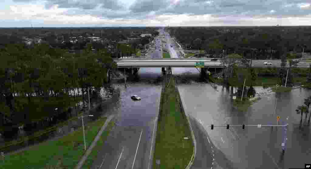 This image provided by the Hillsborough County Sheriff's Office shows an aerial view of the extensive flooding on Hillsborough Avenue in Tampa, Oct. 10, 2024 after Hurricane Milton passed through the area. 