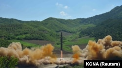 The intercontinental ballistic missile Hwasong-14 is seen during its test launch in this undated photo released by North Korea's Korean Central News Agency (KCNA) in Pyongyang, July, 4 2017. 