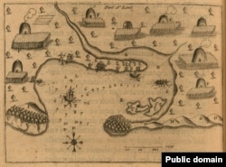 A 1613 engraving of a map hand drawn seven years earlier by French explorer Samuel de Champlain. "F" designates Patuxet houses and agricultural plots. Courtesy, John Carter Brown Library, Brown University.