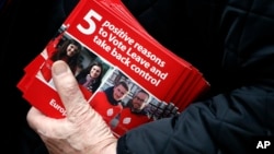 FILE - A Pro-Brexit campaigner hands out leaflets at Liverpool Street station in London.