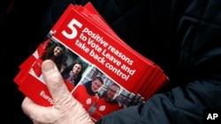 FILE - A Pro-Brexit campaigner hands out leaflets at Liverpool Street station in London.