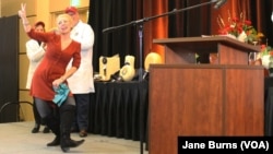 Marieke Penterman of Marieke Gouda does her happy dance that has become a familiar sight at cheese contests. At the U.S. Cheese Championship, her cheeses were ranked No. 2 and No. 3 cheeses among the 2,555, in Green Bay, Wis., March 7 2019.